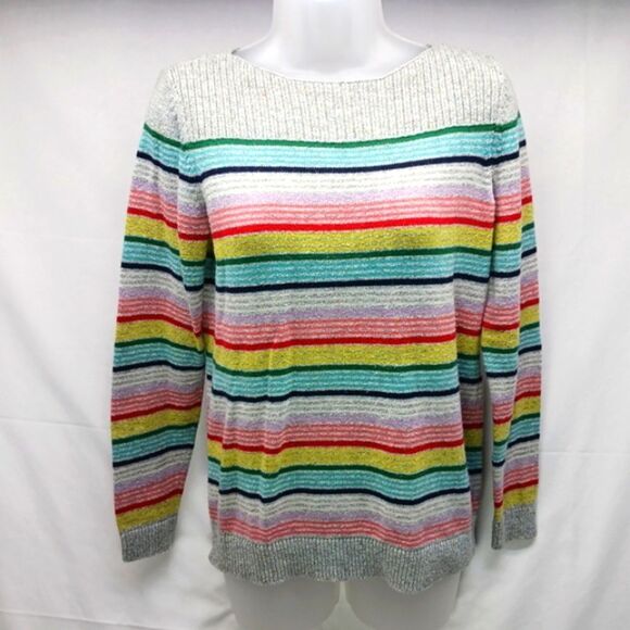 Talbots Sweaters - T by Talbots Gray Rainbow Stripe Boatneck Sweater Cotton Blend Small